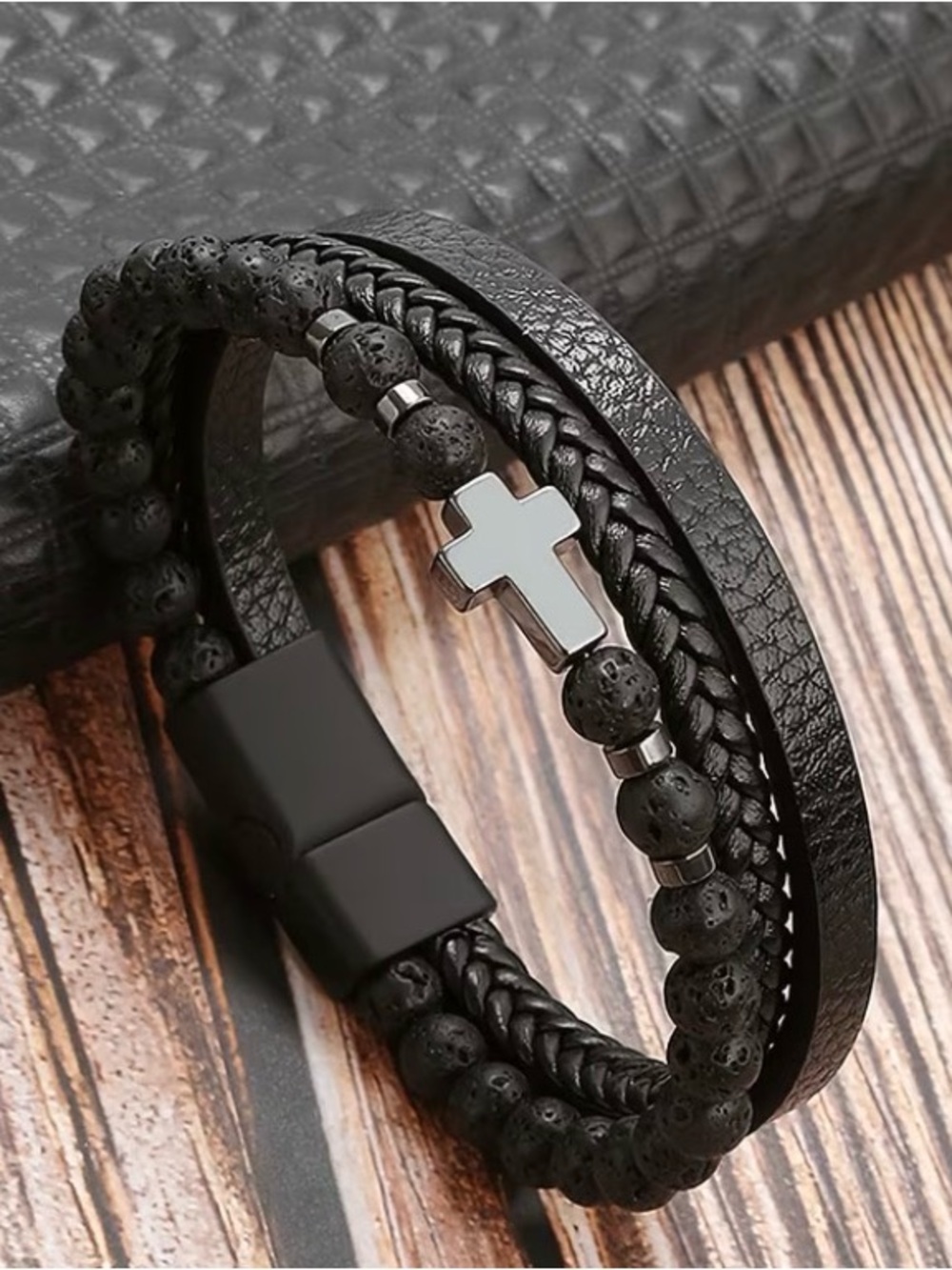 Black Men's Layered Leather & Bead Bracelet with Cross Accent